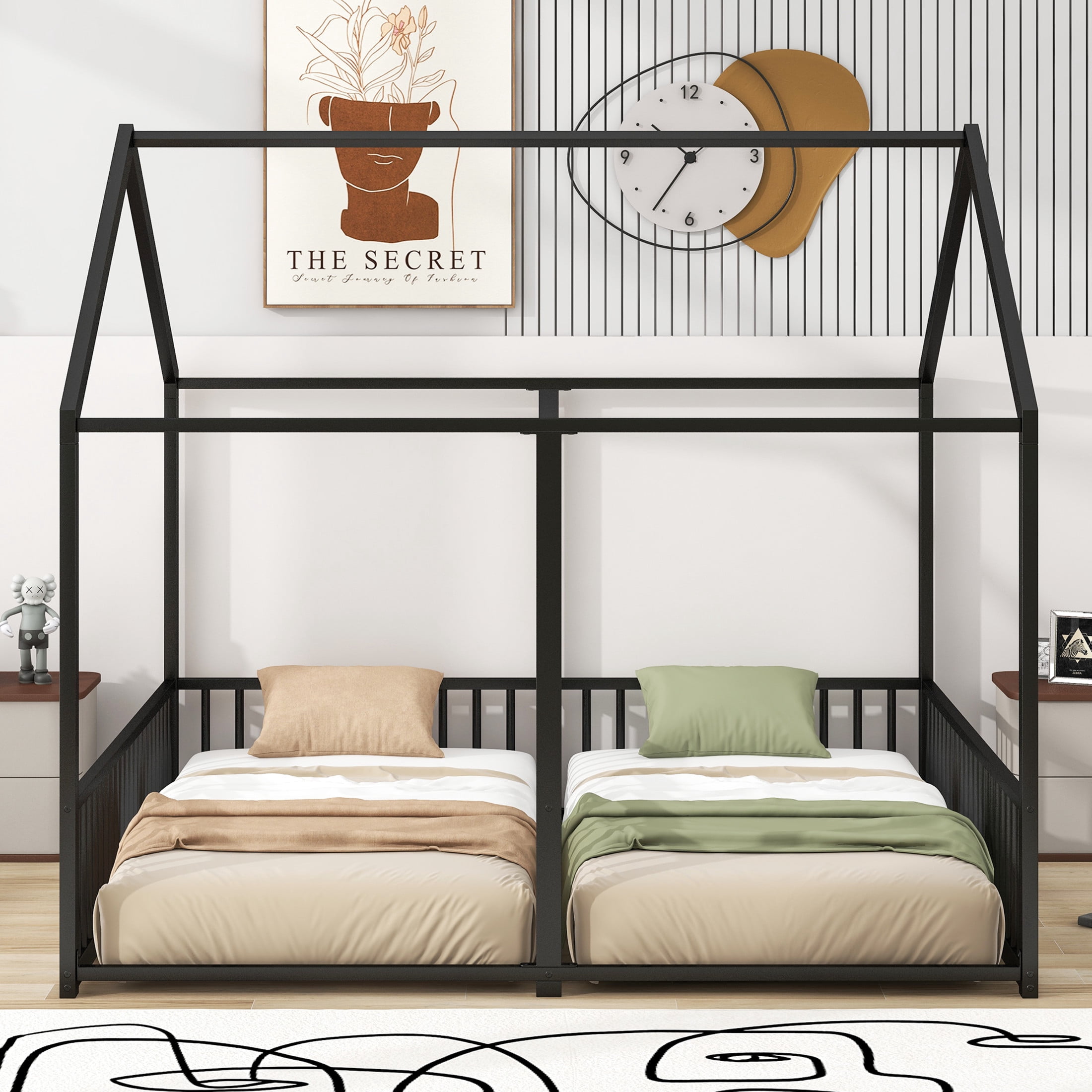 Noble House Twin Shared Metal House Bed, 2-in-1 Side-by-Side Platform Frame, Space Saving Design for Twins, Black