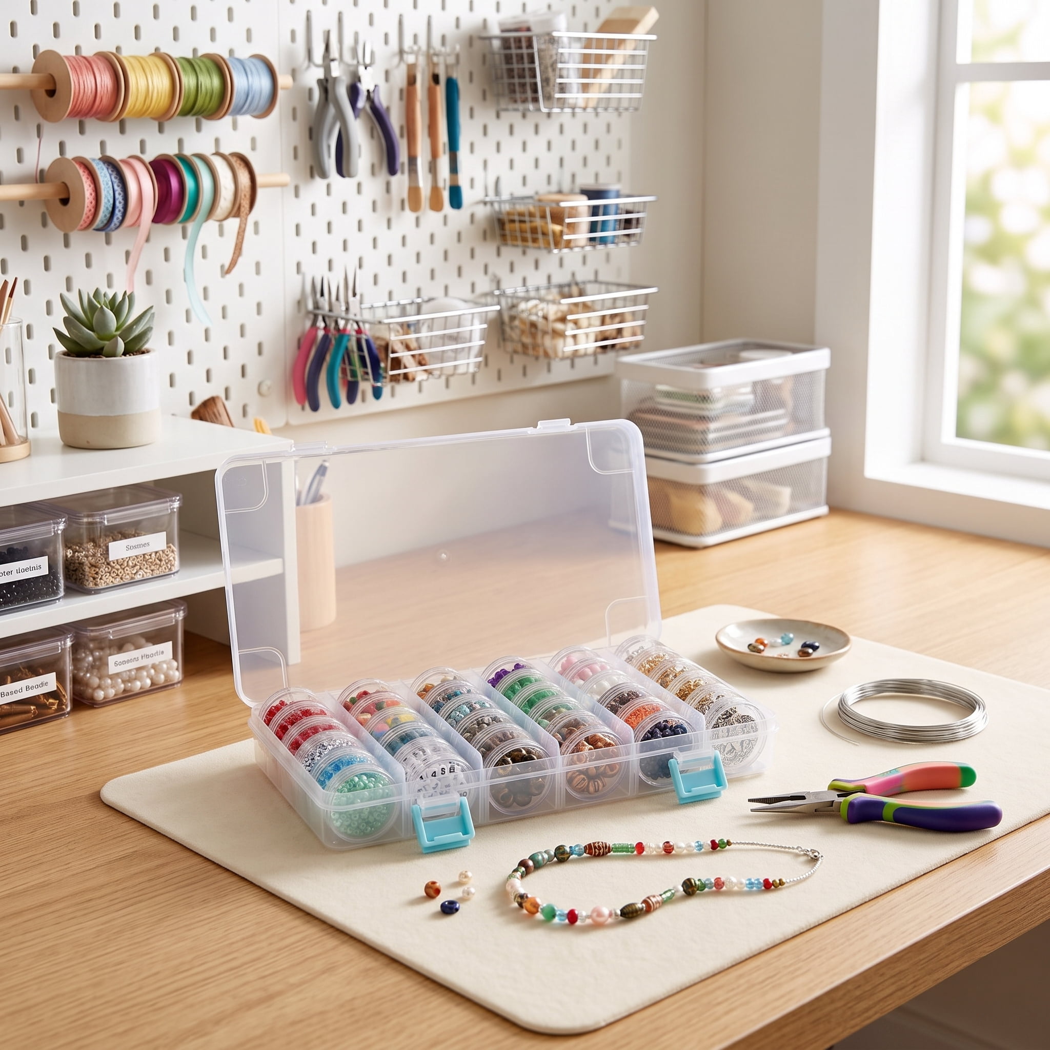 Everything Mary Clear Bead Storage Case with 28 Removable Jars, Plastic Organizer for Beads, Jewelry, Crafts and Small Parts