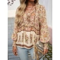 thumbnail image 4 of Women'S Casual Boho V Neck Top Loose Floral Printed Long Sleeve Beach Shirts Blouses Apricot S, 4 of 8