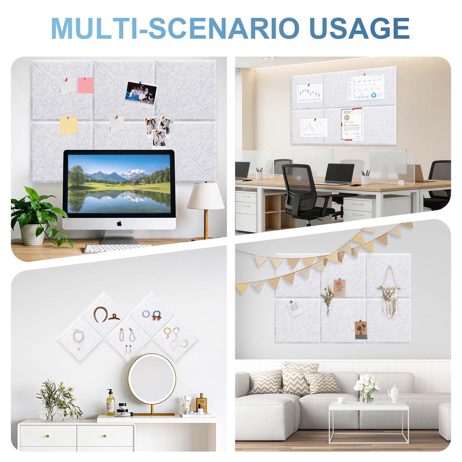 Large Cork Board 36"" x 24"" Alternative - 6 Pack Felt Wall Tiles with 50 Safe Removable Adhesive Tabs, 30 Pushpins, Cork Boards for Walls Pin Board Bulletin Board Office Decor (Light grey)