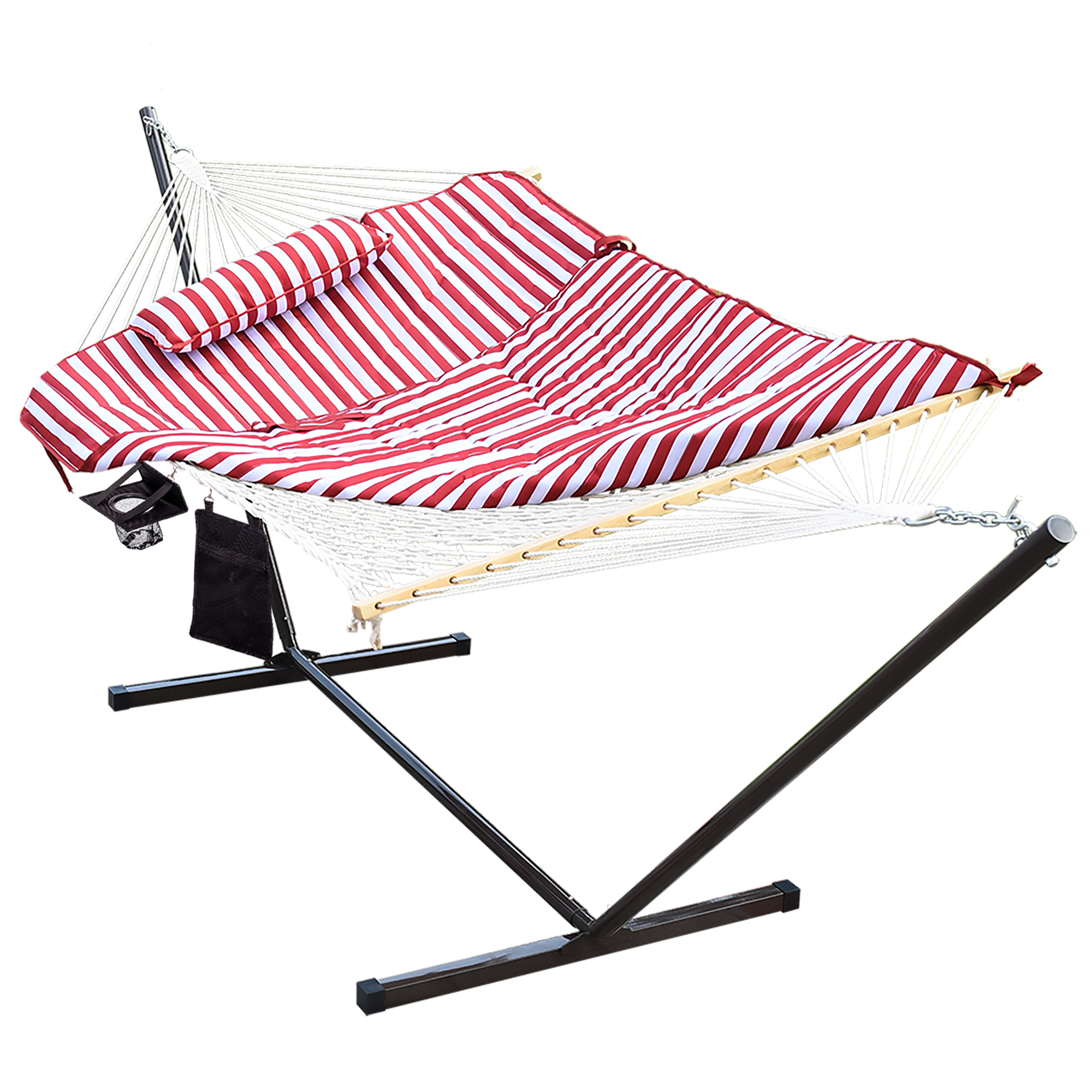 Sundale Outdoor Stripe Cotton Rope Hammock with 12 Feet Steel Stand, Quilted Polyester Pad and Pillow - image 1 of 10