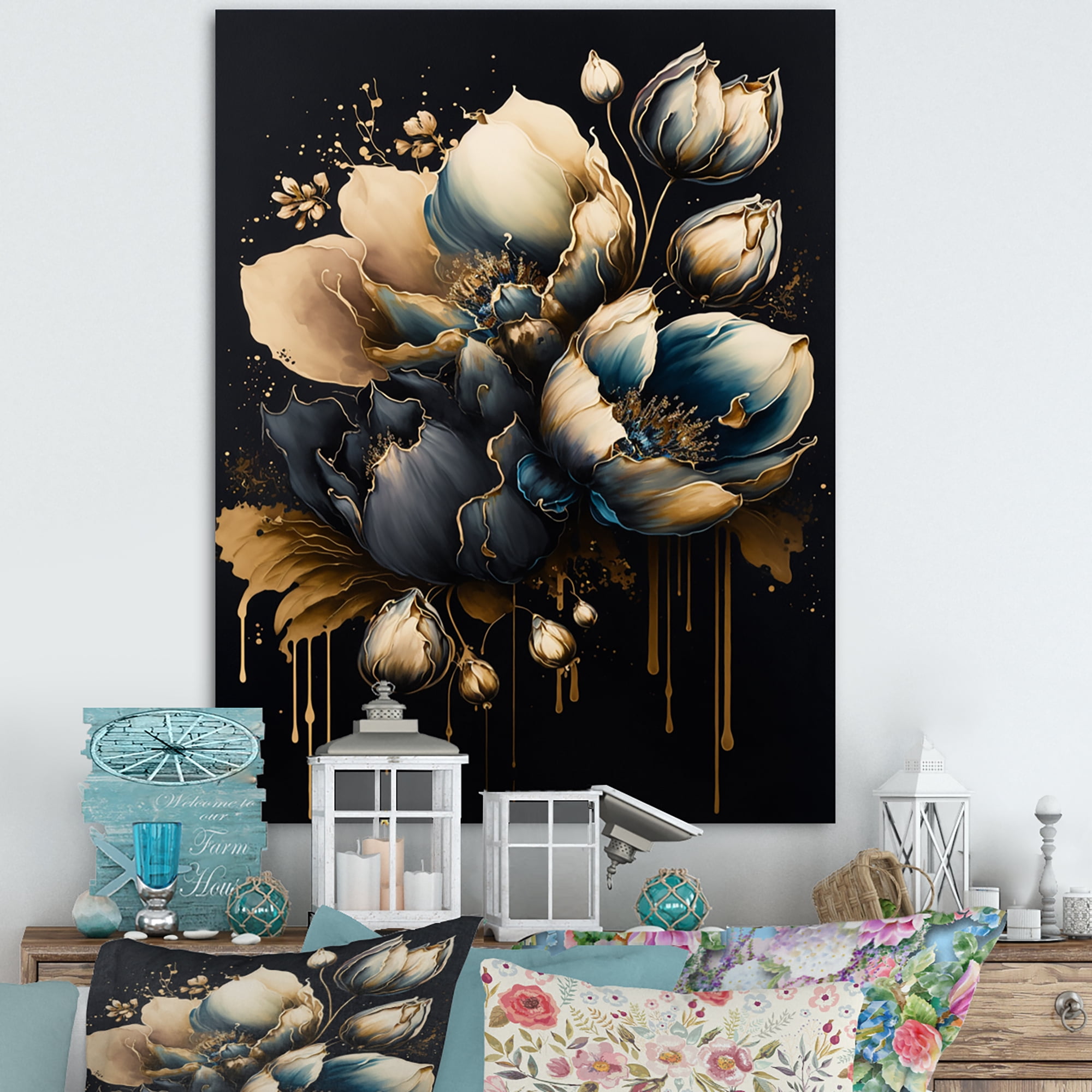 Designart Blue And Gold Tulips II Canvas Wall Art