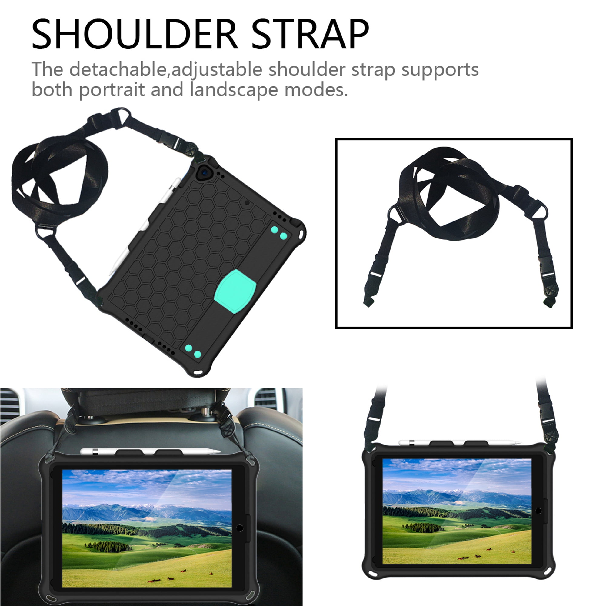 iPad 10.2 2021 Case with Screen Protector, Dteck Shockproof Case for iPad 9th Gen/ iPad 8th Gen / iPad 7th Gen with Removable Shoulder Strap/Hand Strap/Pencil Holder, Heavy Duty Rugged Case,Black/Mint