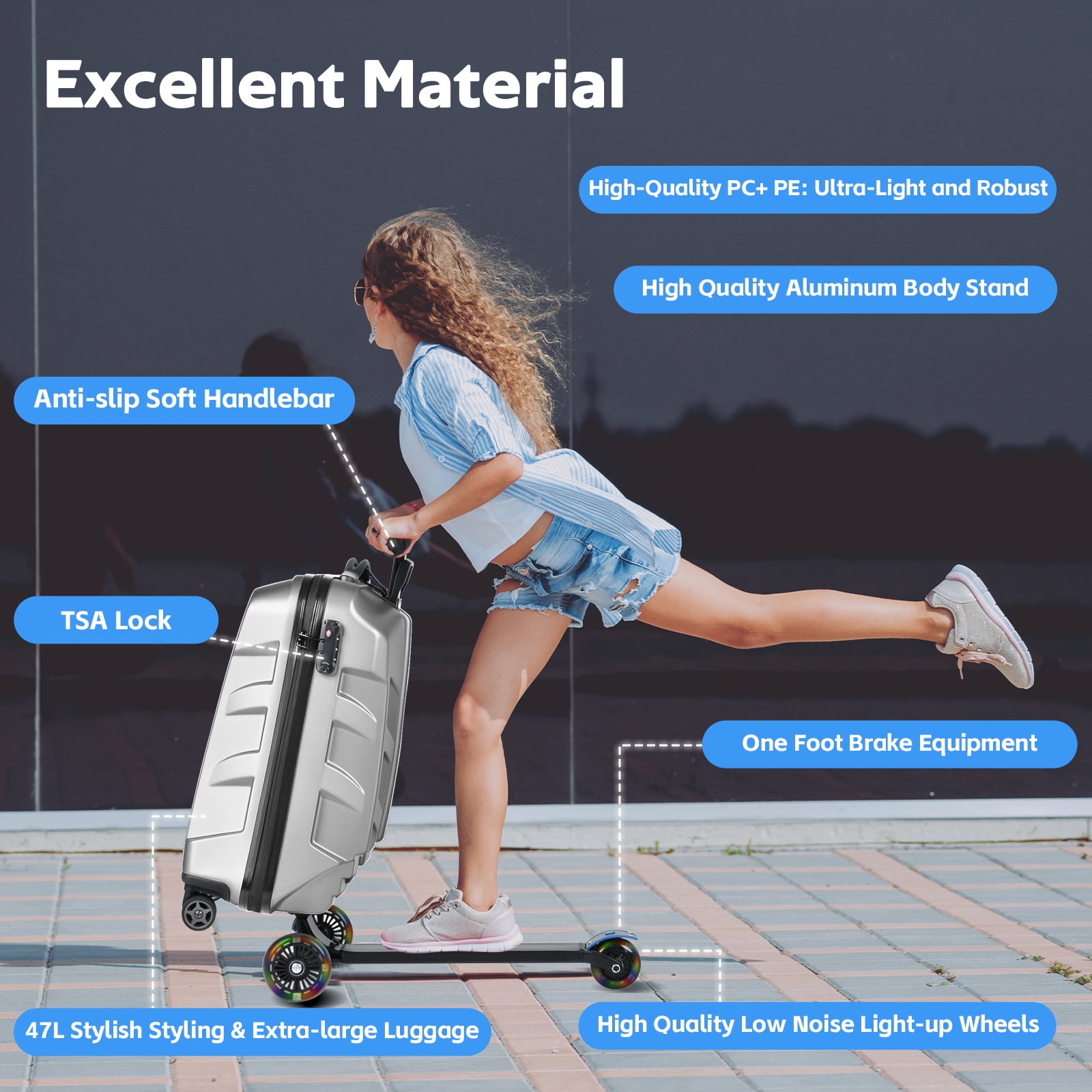 Advwin Scooter Suitcase for Kids & Adults, 3-D Hardshell Ride On Scooter Luggage with LED Light Up Wheels, TSA Lock, Lightweight Foldable Carry On Rideable Suitcase for Children Teenagers, Silver