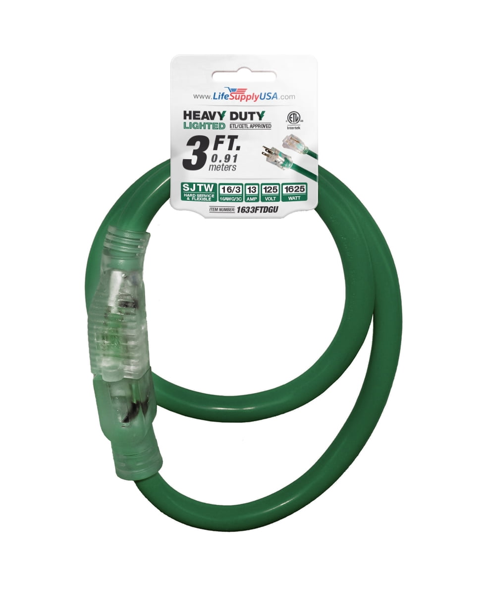 3 ft Power Extension Cord Outdoor & Indoor Heavy Duty 16 gauge/3 prong SJTW (Green) Lighted end Extra Durability 13 AMP 125 Volts 1625 Watts ETL listed by LifeSupplyUSA