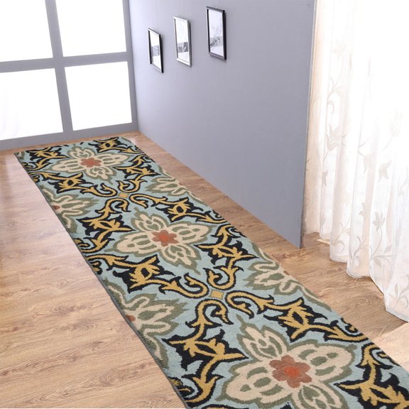 Rugsotic Carpets Hand Tufted Wool Eco-Friendly 2'6''x6' Runner Blue Floral Modern High Pile Thick Handmade Anti Skid Indoor Area Rug K00722