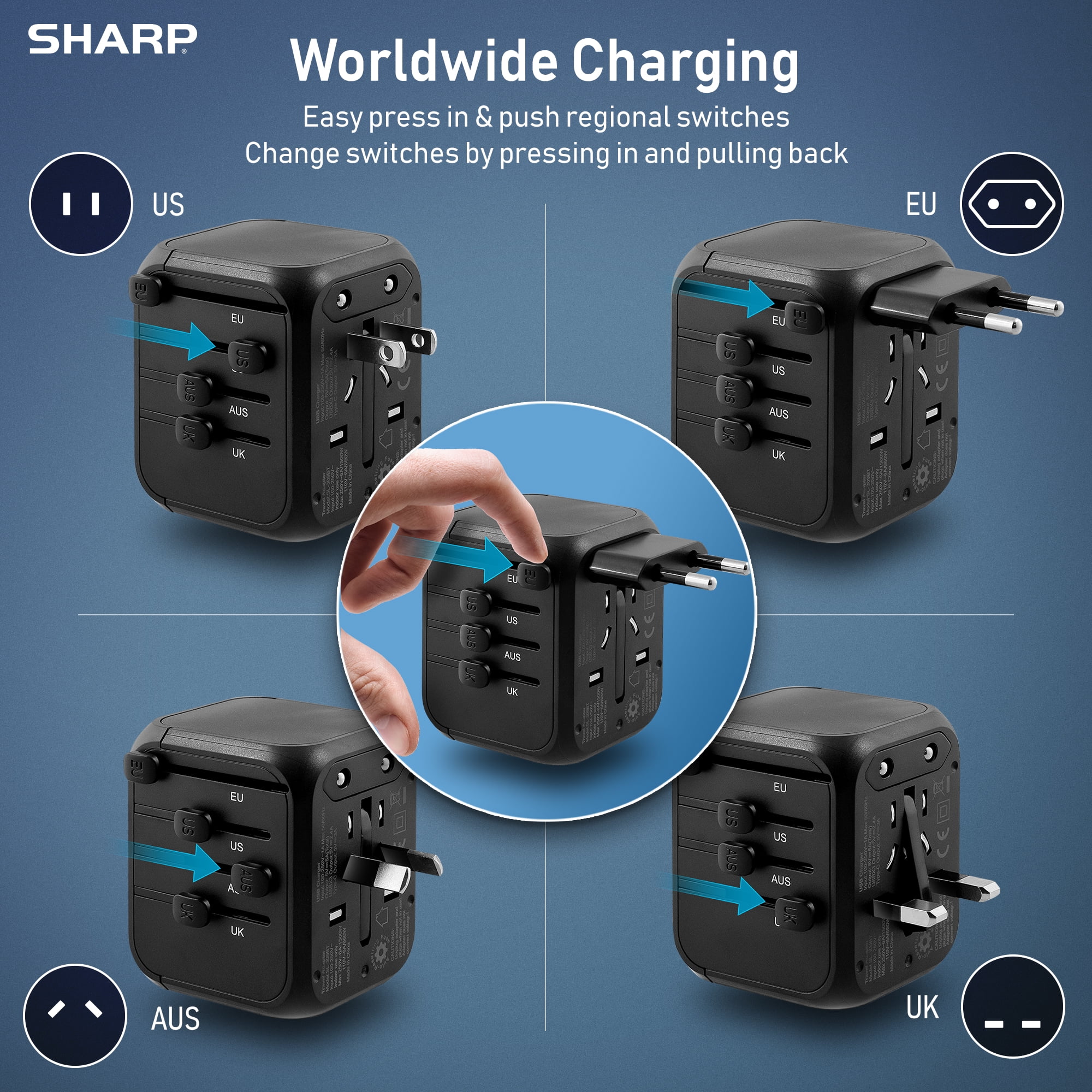 SHARP Travel Plug Adapter with Short-Circuit Protection