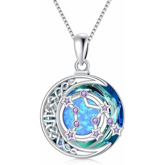 JKR Zodiac Necklace 925 Sterling Silver Celtic Moon Constellation Pendant Necklaces with Blue Crystal and Blue Opal Jewelry Birthday Gifts for Women