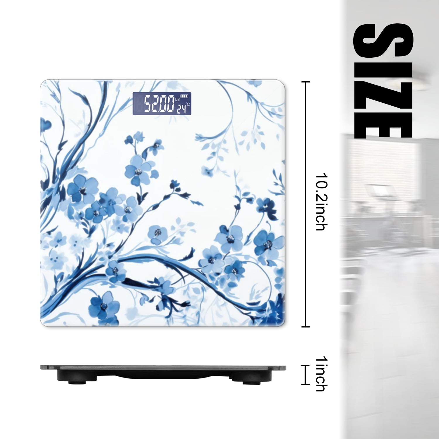 Bathroom Scale, Highly Accurate Digital Body Scale,Precisely Measures Weight up to 400 lbs-Blue And White Ink Painting Depicting A Pattern Of Small Flowers