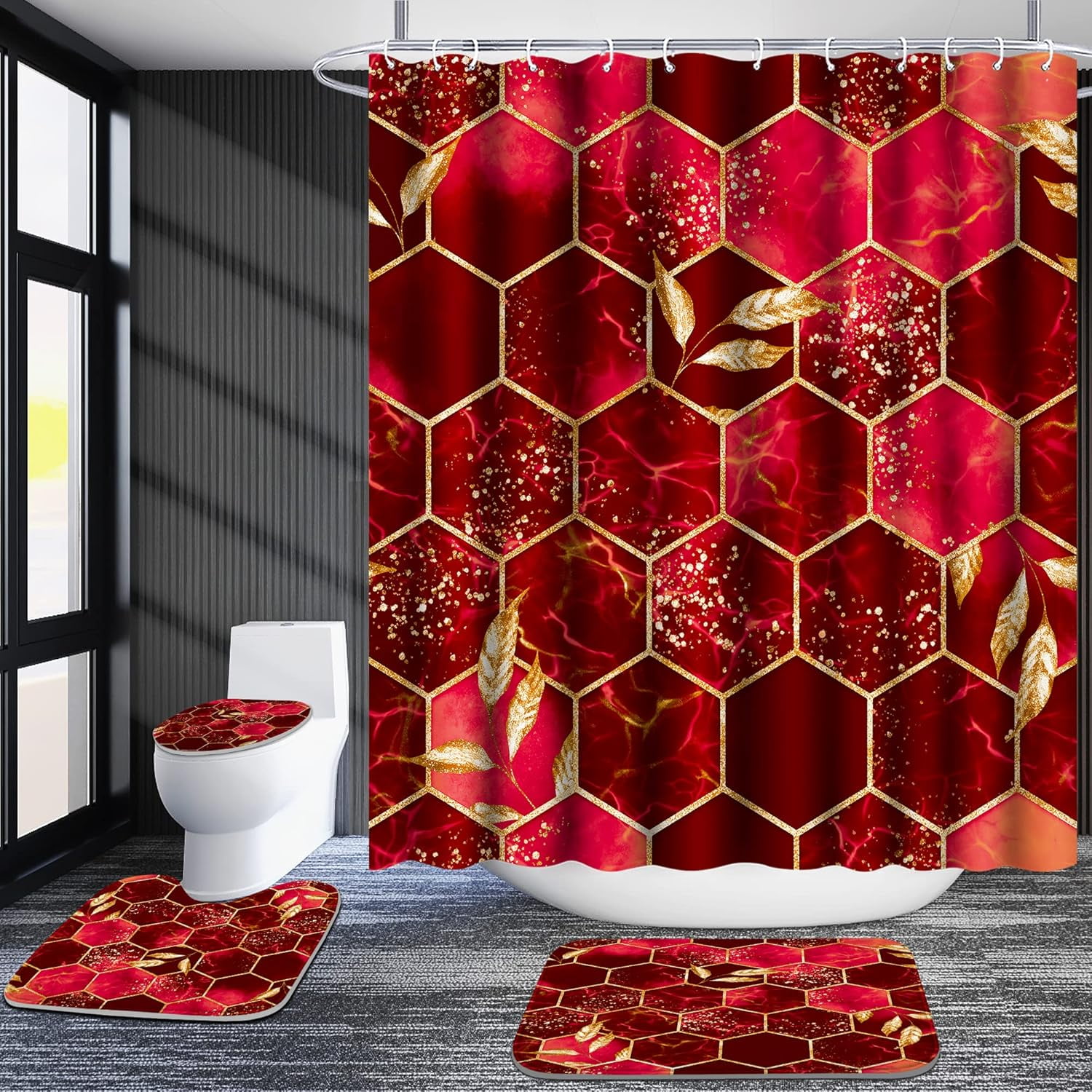 4 Pcs Bathroom Shower Curtain Set,Bathroom Sets with Rugs(Bath Mat,U Shape and Toilet Lid Cover Mat) and 12 Hooks,Sky Blue Honeycomb Marble