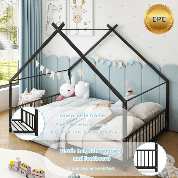 Alvantor Full Size Kids Metal House Bed with Guardrails and Slat Support, Black