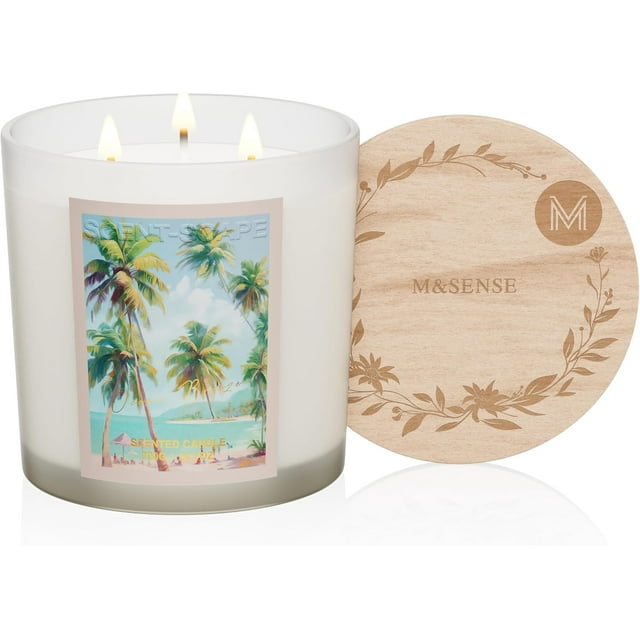 M&SENSE Large-Sized 3 Wick Ocean Breeze Scented Candle, 24.7oz with Wooden Lid | 120 Hours Long-Lasting Burn, Jar Candle Gift for Home Fragrance