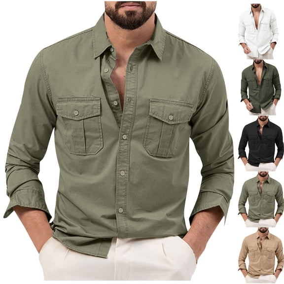 Danhjin Cargo Shirts for Men Button Down Long Sleeve Collar Casual Tops Multi Pockets Fashion Work Going out Comfy Soft Solid Color Shirs