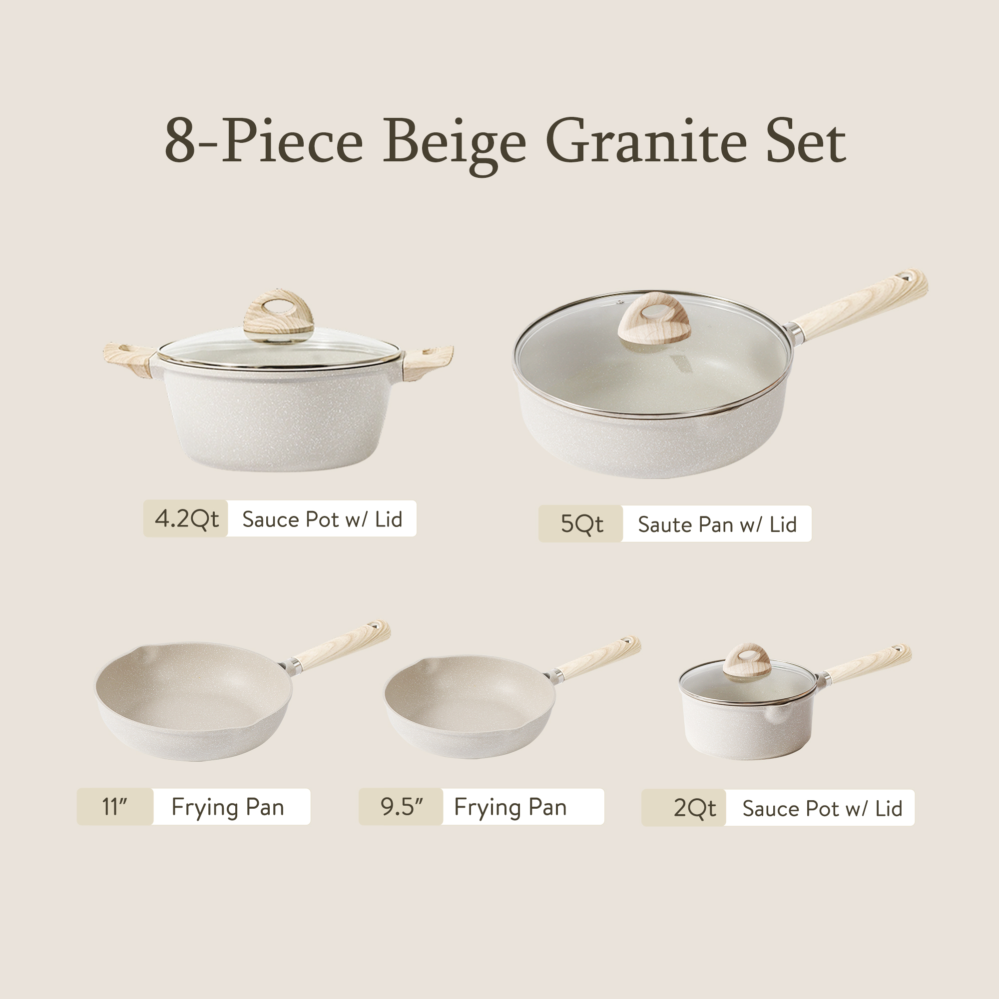 Carote Nonstick Pots and Pans Set, 8 Pcs Induction Kitchen Cookware Sets (Beige Granite) - image 3 of 8
