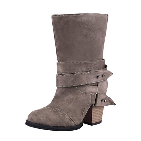 

GWAABD Womens Boots Mid Calf Boots Medium Heel Thick Size Women s Large Belt Buckle Fashion women s boots