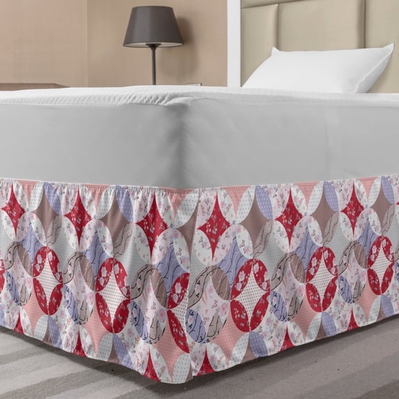 Floral Bed Skirt, Illustration of Circles Formed of Polka Dots Romantic Roses and Branches, Elastic Bedskirt Dust Ruffle Wrap Around for Bedding Decor, 4 Sizes, Multicolor, by Ambesonne