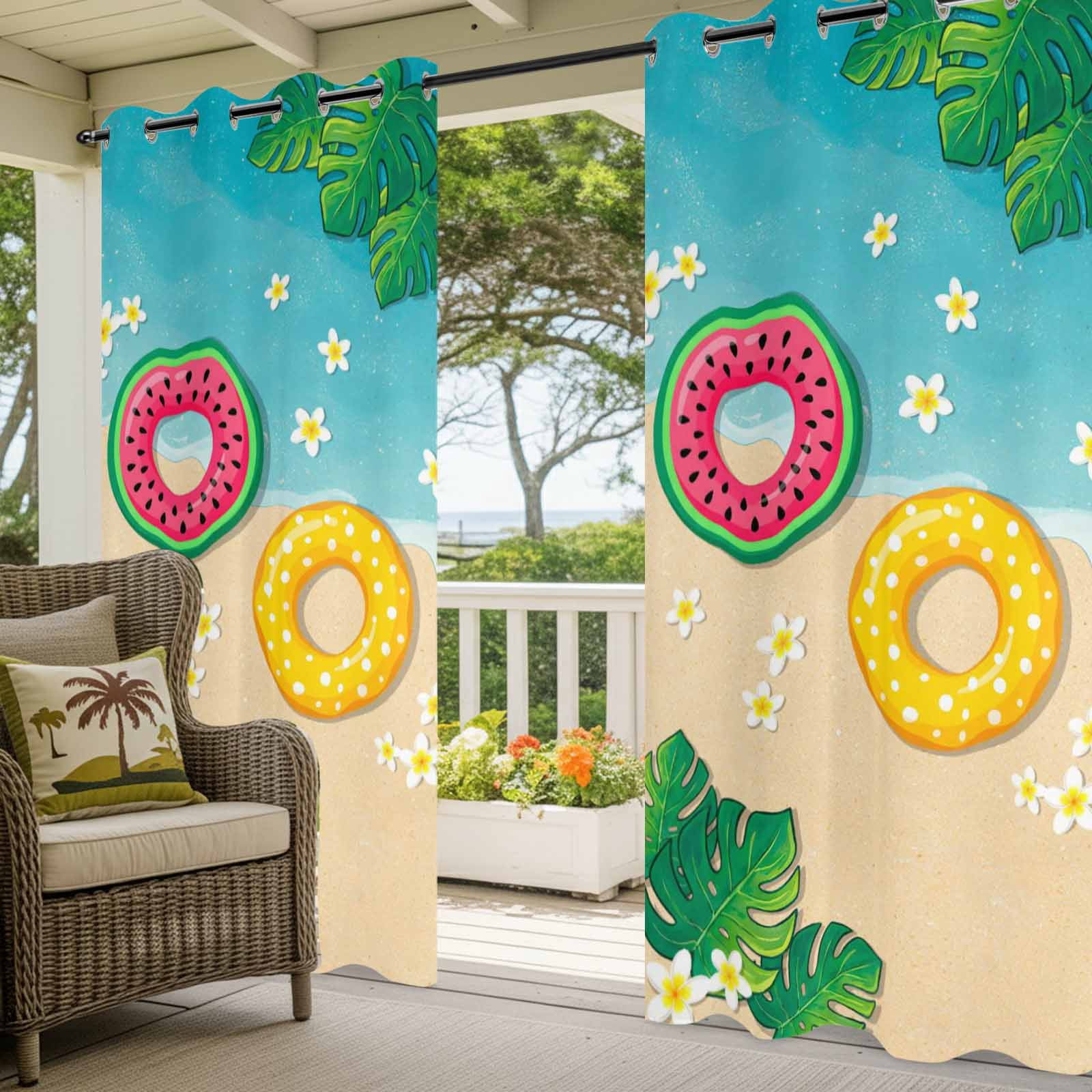 Summer Floral Outdoor Curtains for Patio, Tropical Leaves Watermelon Swimming Rings Beach Sunshade Privacy Drapes Grommet Waterproof Outside Curtains for Porch/Cabana/Balcony 54"x 108", 1 Panel