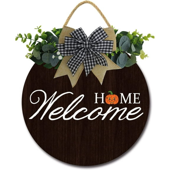 Eveokoki 12" Welcome Home Pumpkin Funny Signs for Front Door Farmhouse Porch ,Rustic Round Wooden Hanging Wreaths for Housewarming gift ，Halloween Festival Decoration Outdoor Indoor Wall Decor Black