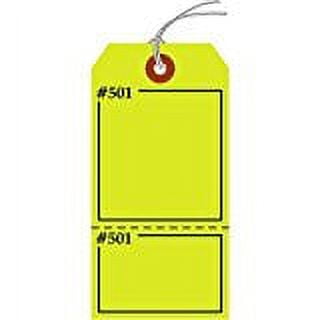 CLAIM CHECK Tags, 2 Parts, Numbered 2 Places, Fluorescent Yellow Cardstock, Looped String, 5.75" x 2.875"- Pack of 25 Tags