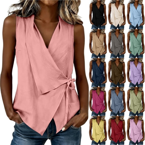 Otntypg Women’s Wrap V Neck Tank Top Dressy Summer Sleeveless Side Bowknot Tie Tunic Blouse Lightweight Loose Fit Casual Beach Vacation Tees Blouse