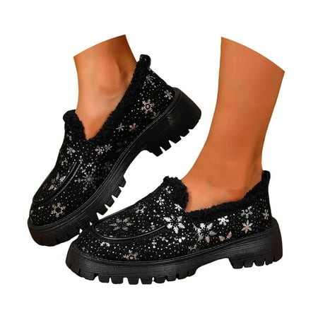 Mepaouo Loafers for Women Platform Christmas Slip on Casual Shoes Fleece Lined Winter Shoes(Black 6)