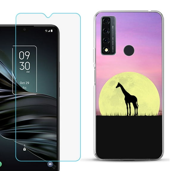 Slim-Fit Fashion Phone Case for TCL 20 XE, with Tempered Glass Screen Protector, by OneToughShield ® - Moonlight Giraffe