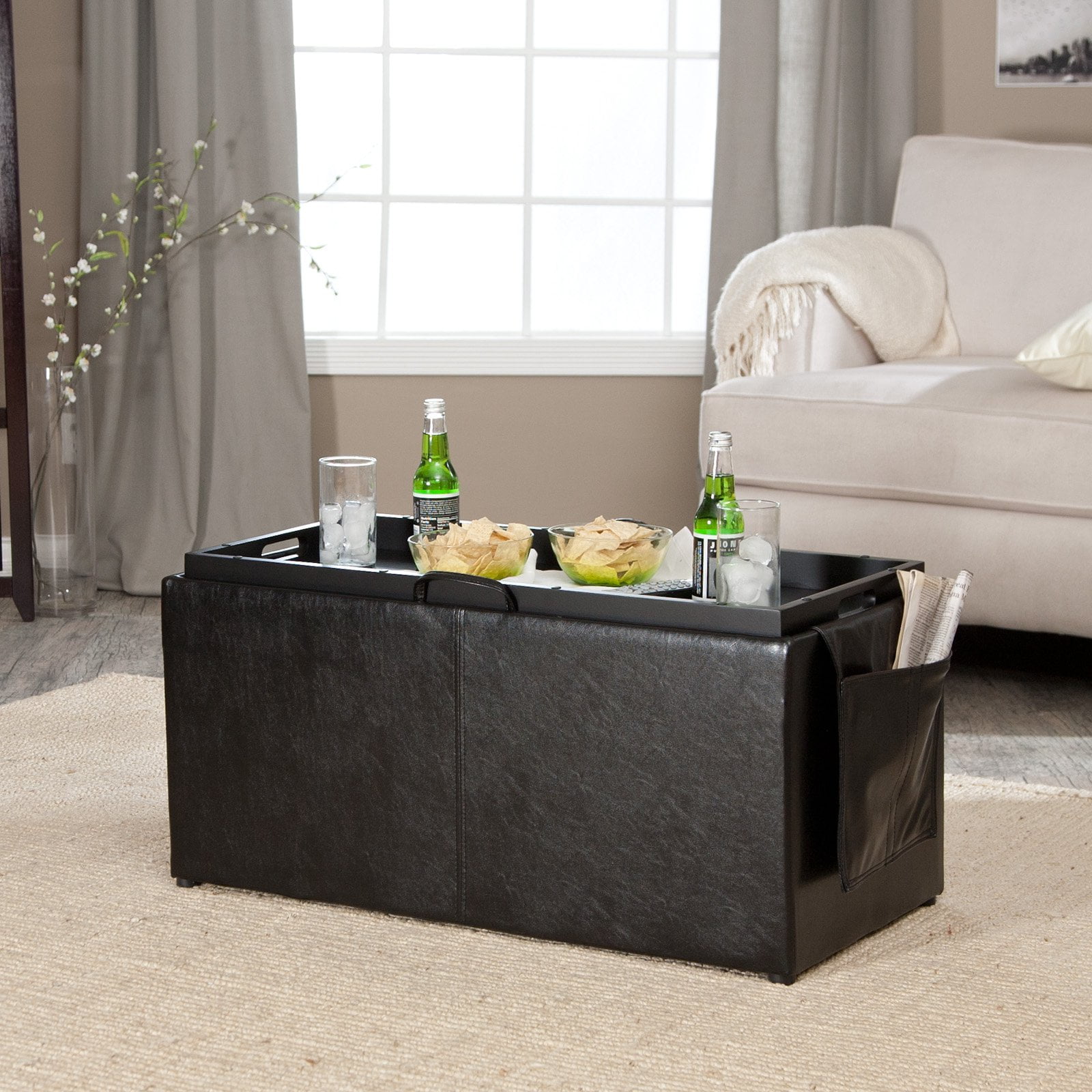 Linon Double Storage Ottoman With Side Pocket Dark Brown