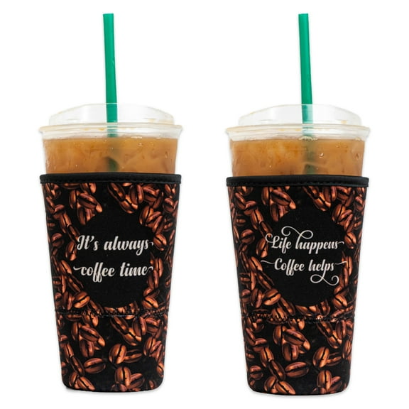 Baxendale and Co 2-Pack Large (32oz) Reusable Neoprene Insulator Sleeve for Iced Coffee or Cold Beverage Cups (Coffee Beans & Quotes)