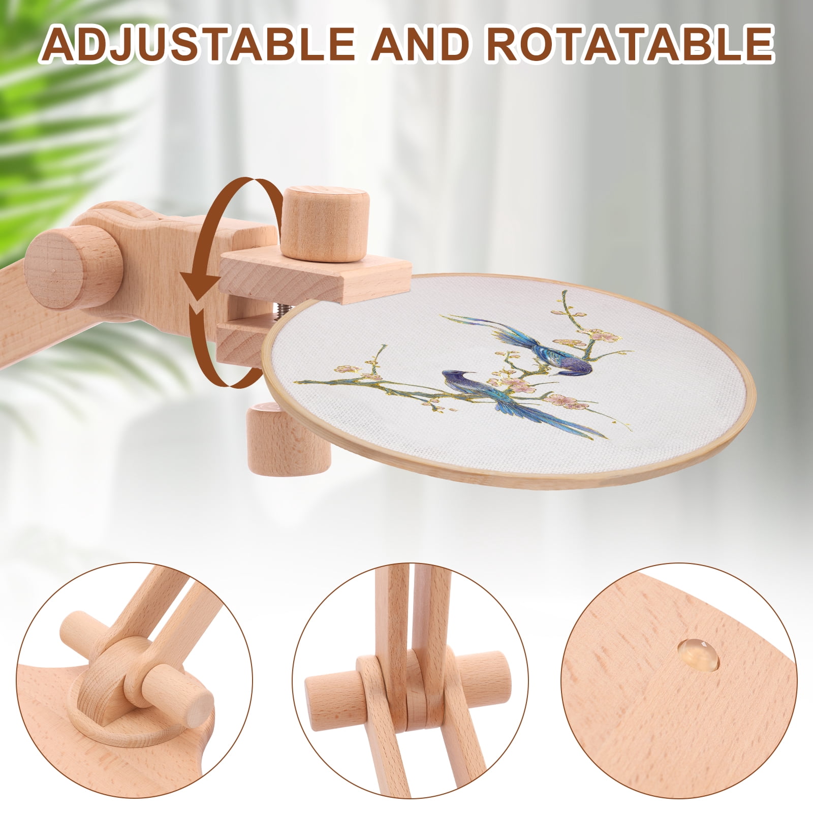 Wekvgz Embroidery Hoop Stand Beech Wood Cross Stitch Hoop Holder Adjustable Embroidery Hoop Lap Stand Rotatable Embroidery Hoop Table Stand for Cross Stitch DIY Embroidery