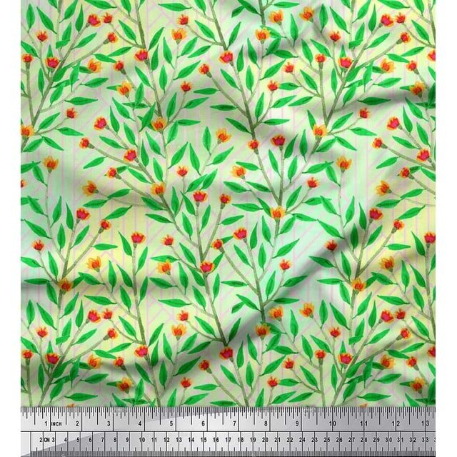 Soimoi Yellow polyester Crepe Fabric Floral & Leaves Print Fabric by the Yard 42 Inch Wide