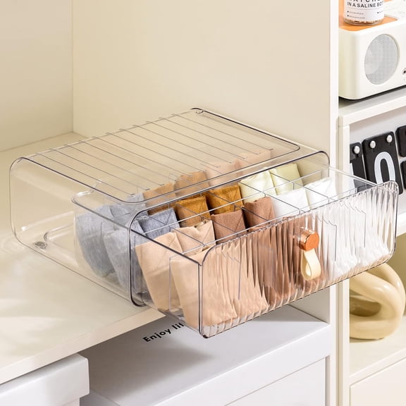 24 Cell Underwear Drawer Organizer – Slide-Out Stackable Socks & Bra Storage Box with Removable Dividers, Clear PET Dustproof Closet Organizer for Underwear, Bras, Ties, Scarves – 13.6"x10.5"x4.9"