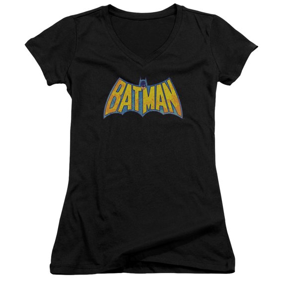 Dco/Batman Neon Distress Logo Junior Women's V-Neck T-Shirt Black