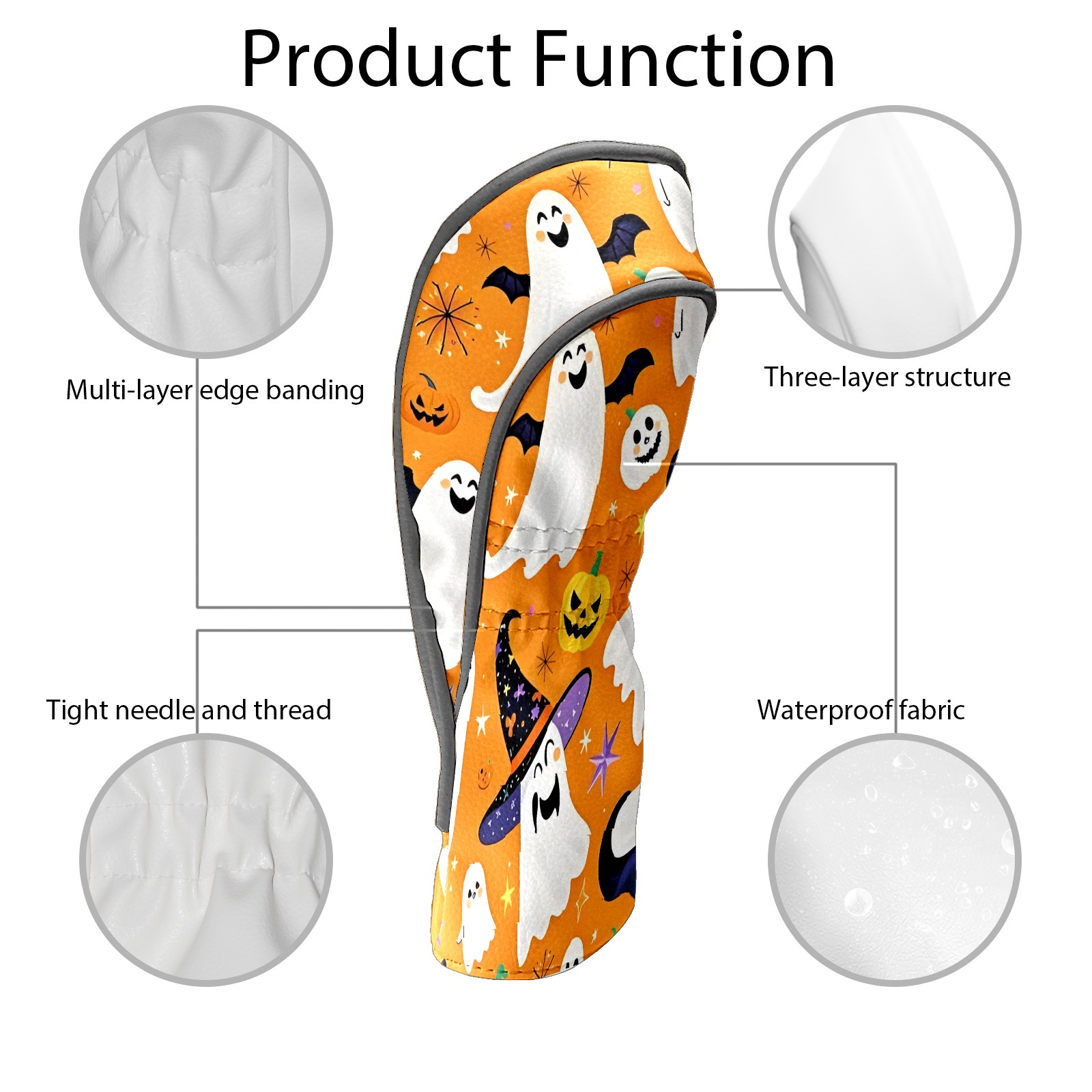 Golf Club Covers, Orange GhostPumpkin Premium PU Leather Driver Hybrid Putter Head Covers with Velvet Lining, Waterproof Golf Gifts for Men Women