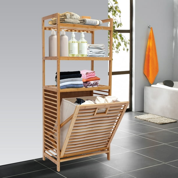Loyalheartdy 3-Tier Tilt Out Bamboo Laundry Hamper with Rack, Bathroom ...