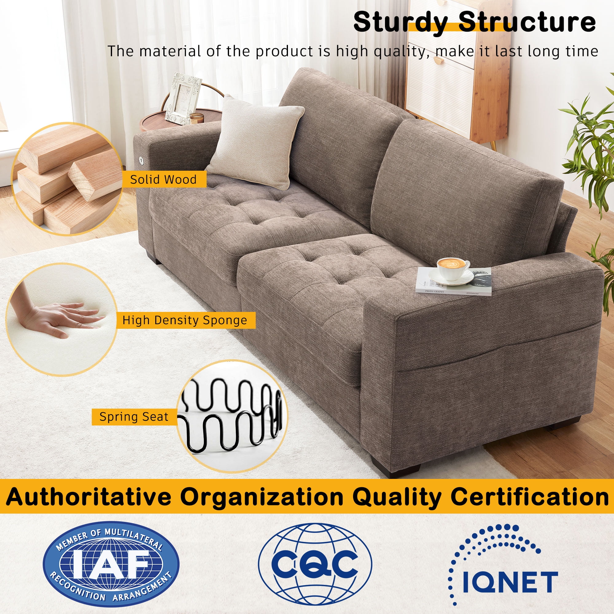 Bedluxury 89" Deep Sofa Couch with USB/Type-C Charging, Storage Pocket & Wide Armrest, Removable Cover, Seats 3 Adults, Chenille Brown