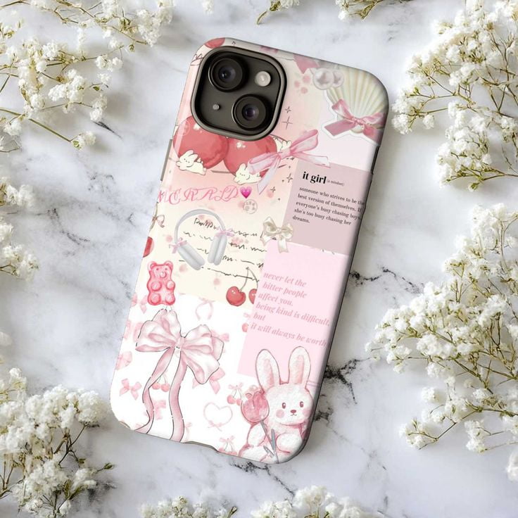 Kawaii Pink Aesthetic iPhone Case – Pastel Bows, Bunny “It Girl