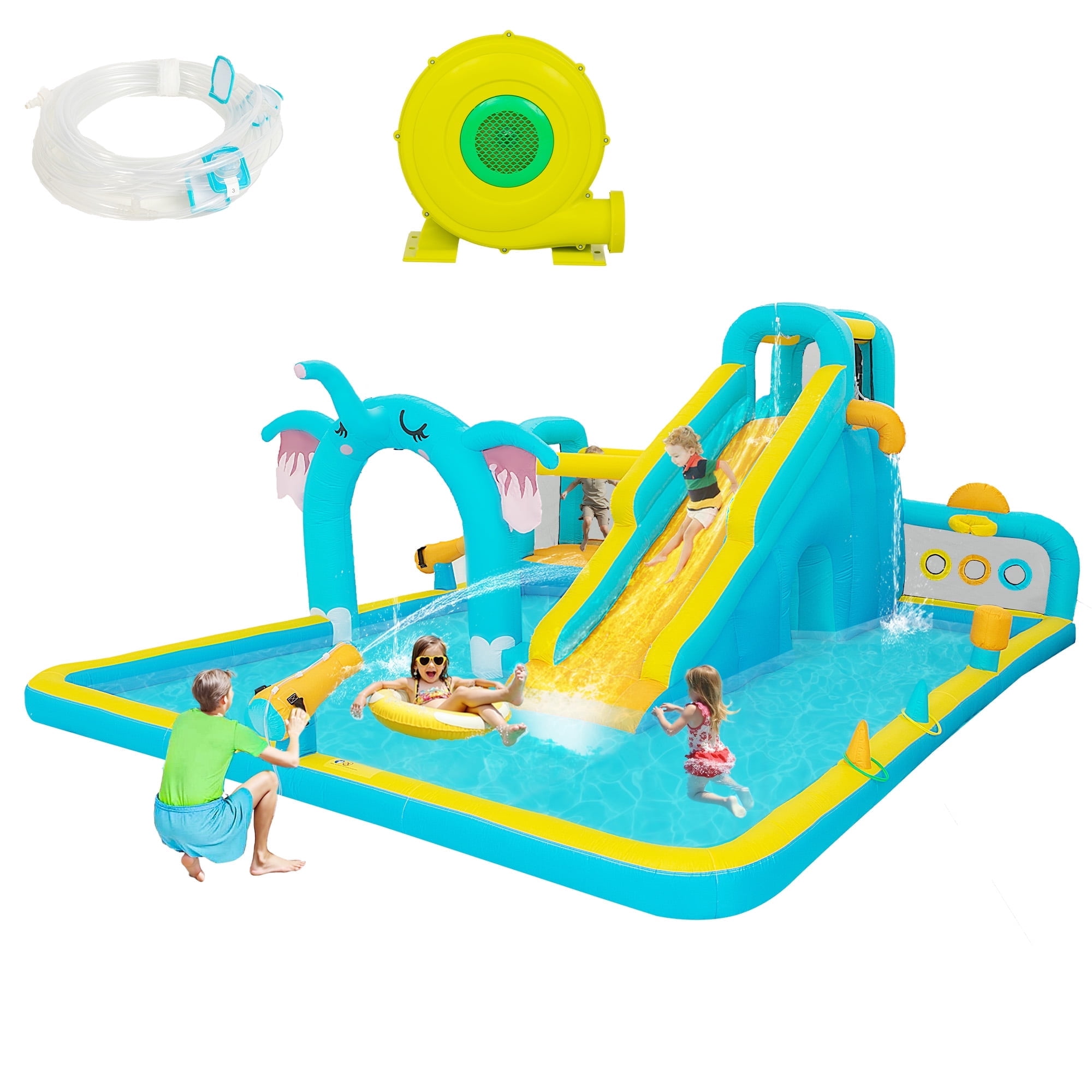 Eclife Elephant Theme Outdoor Inflatable Water Slides Bounce House for Kids 8-12 Years with Splash Pool, Climbing Wall, Air Blower, 1-Count
