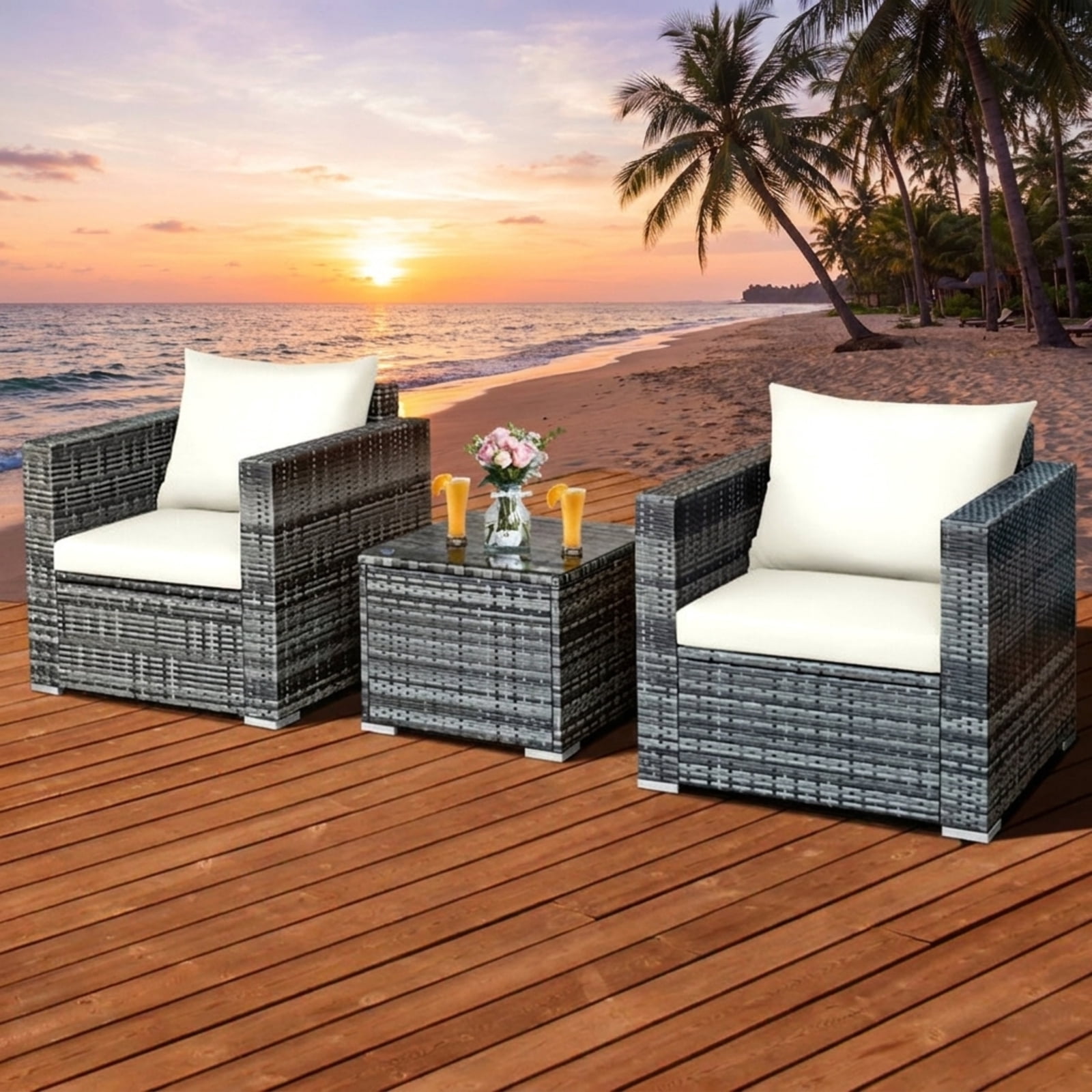 Biotree 3 Piece Patio Rattan Bistro Sofa Set outdoor conversation set with cushions and tempered glass coffee table for balcony garden and porch, White
