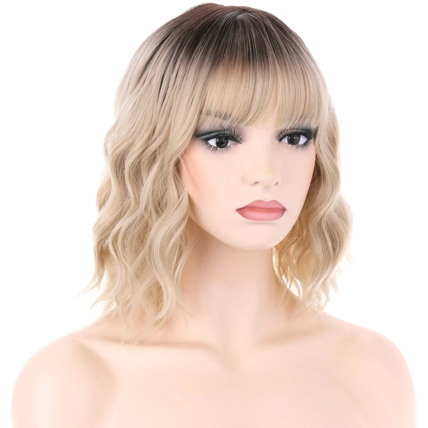 RightOn 12 Inches Blonde Ombre Wig With Flat Bangs Short Curly Wig for Women Girls Daily Use