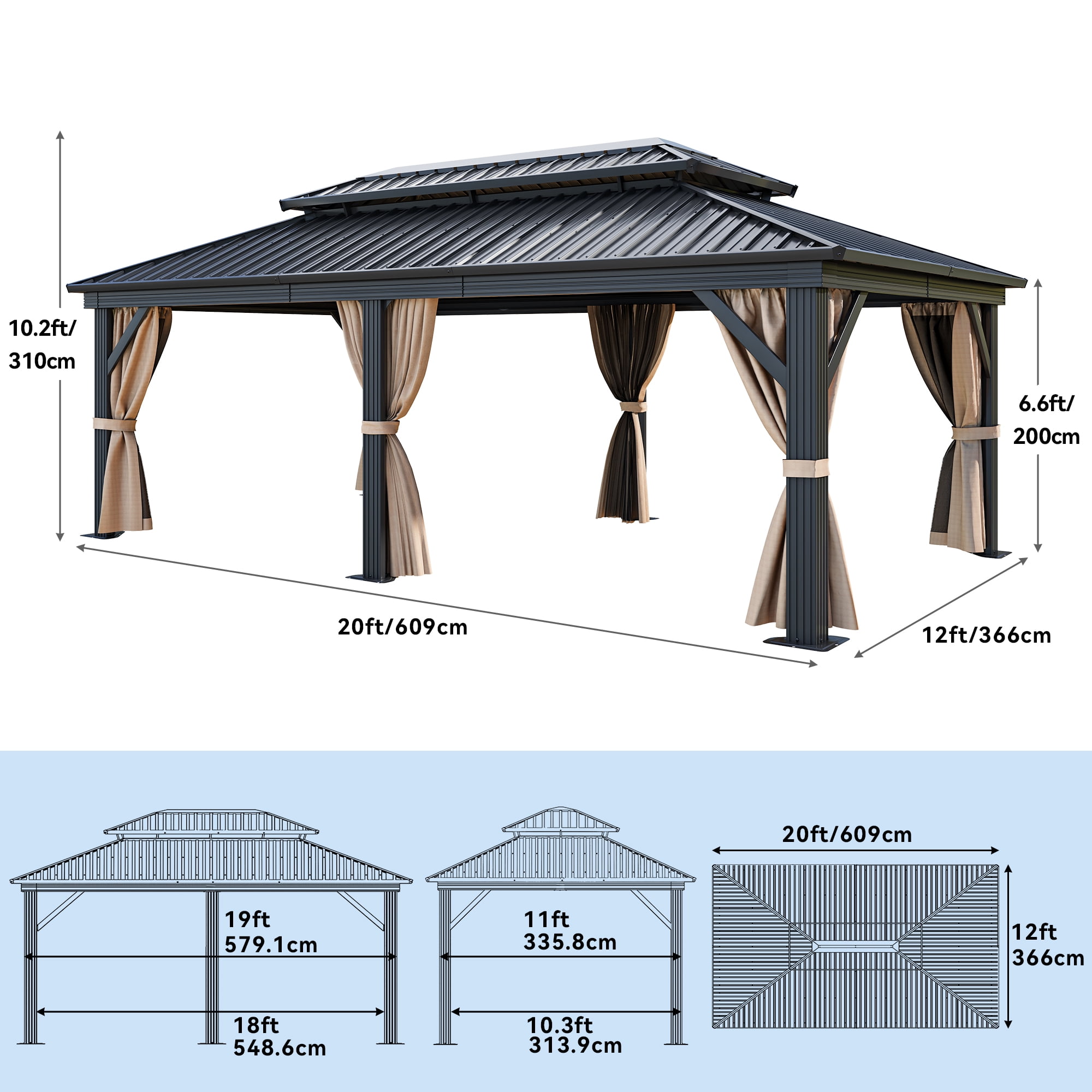 Dextrus 12ft x20ft Double Roof Hardtop Gazebo with Netting&Curtains, Outdoor Aluminum Gazebo with Heavy Duty Galvanized Steel,Ideal for Patio Lawn and Garden,Brown Curtain