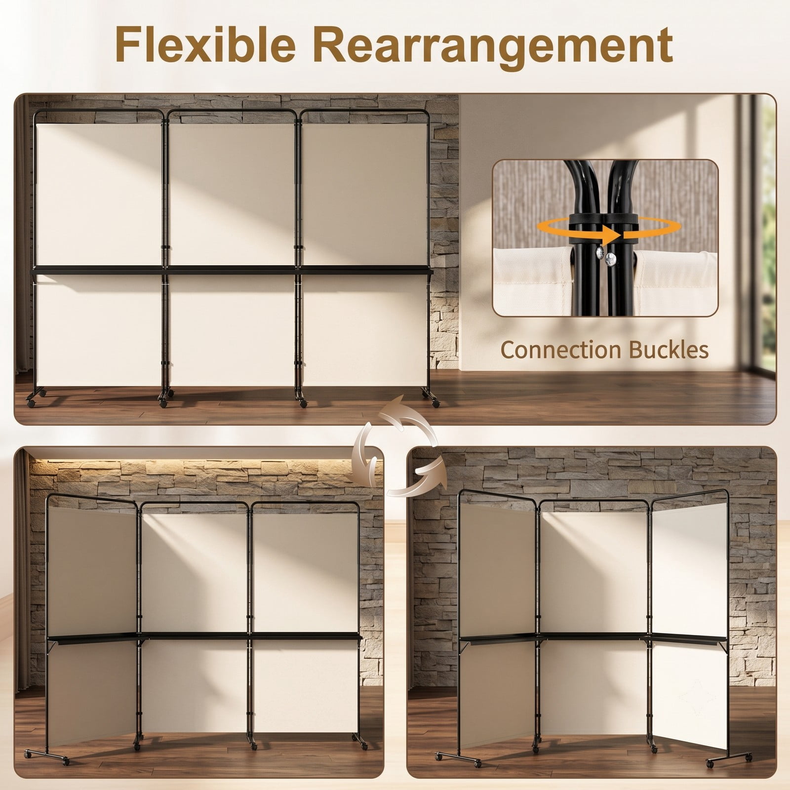 ALPULON 3-Panel Room Divider with 3 Shelves, 6 FT Tall Folding Privacy Screen Freestanding Partition with Lockable Wheels for Living Room Bedroom Office, White