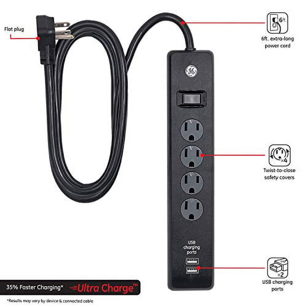 GE 4-Outlet, 2-USB Surge Protector, 6ft., Black – 37465