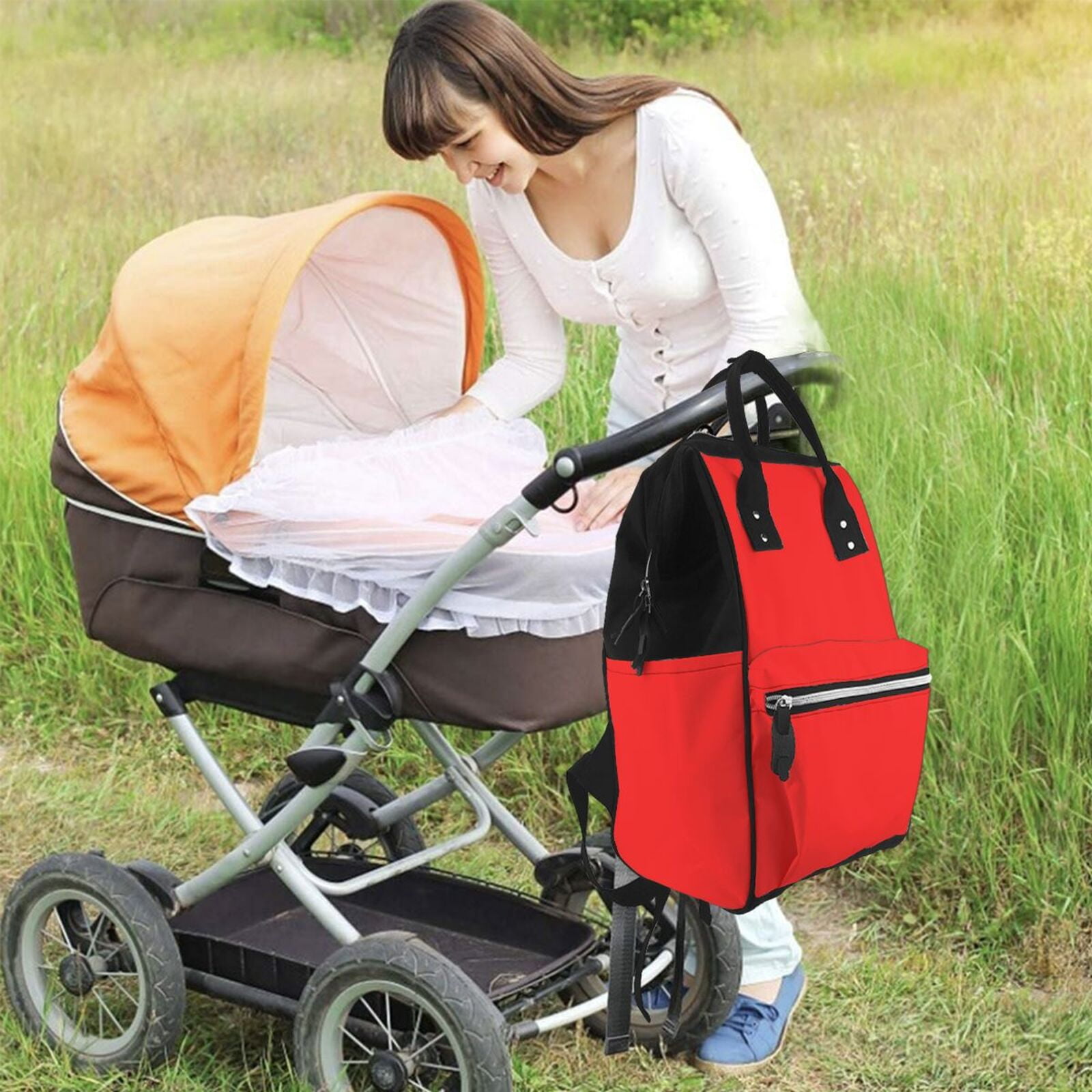 Ratiio Red Mummy Backpack - Waterproof Twill Canvas, Large Capacity Diaper Bag with Multiple Pockets and Adjustable Straps