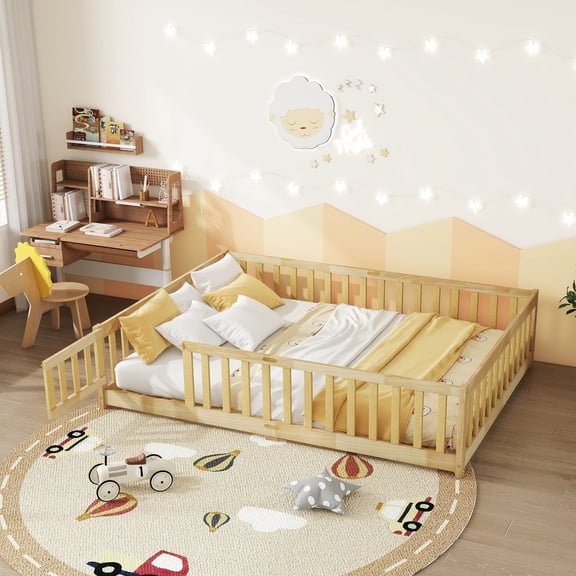 Alvantor Full Size Floor Bed for Toddler, Solid Wood Floor Bed with Door and Fence Guardrail, Montessori Floor Bed for Boys, Girls, Natural