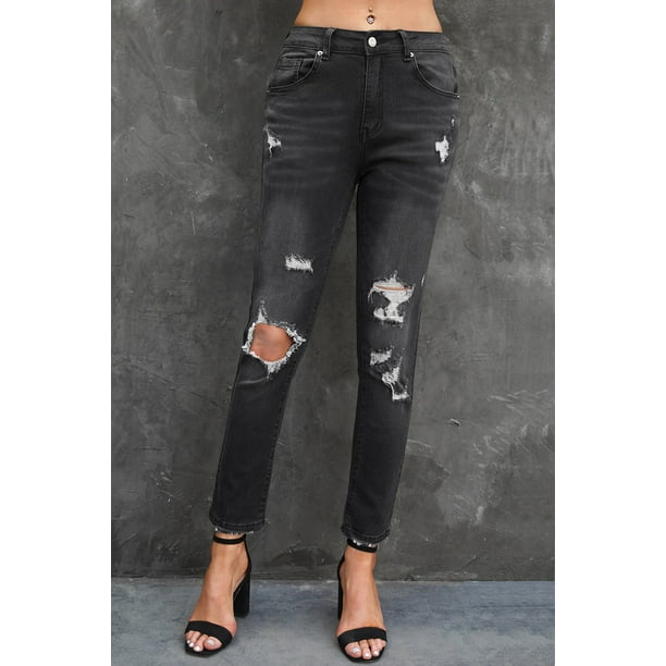 Women s Black Distressed Holes Straight Jeans Walmart