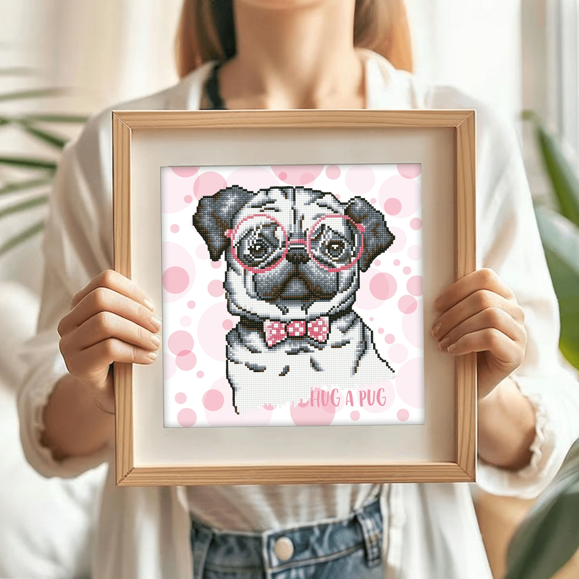 Diamond Dotz Hug A Pug with Frame Dog Diamond Painting Kits for Adults - Diamond Art Kits a Relaxing Creative Craft Kit with Dotz Gems 13.7"x13.7"