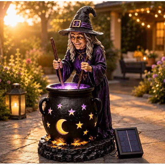 Bubbling Magic Cauldron Witch Solar Garden Light, Halloween Decorations Outdoor Energy Saving LED Sculpture, Anti-topple Base Garden Decor For Patio & Outdoor Holiday Atmosphere Layout
