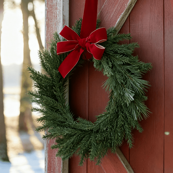11 Inch Mini Christmas Wreaths for Kitchen Cabinets with Red Velvet Bow, Artificial Norfolk Pine Small Christmas Wreath for Windows Doors Chairs Wall Stairs Outdoor Indoor Home Holiday Decor