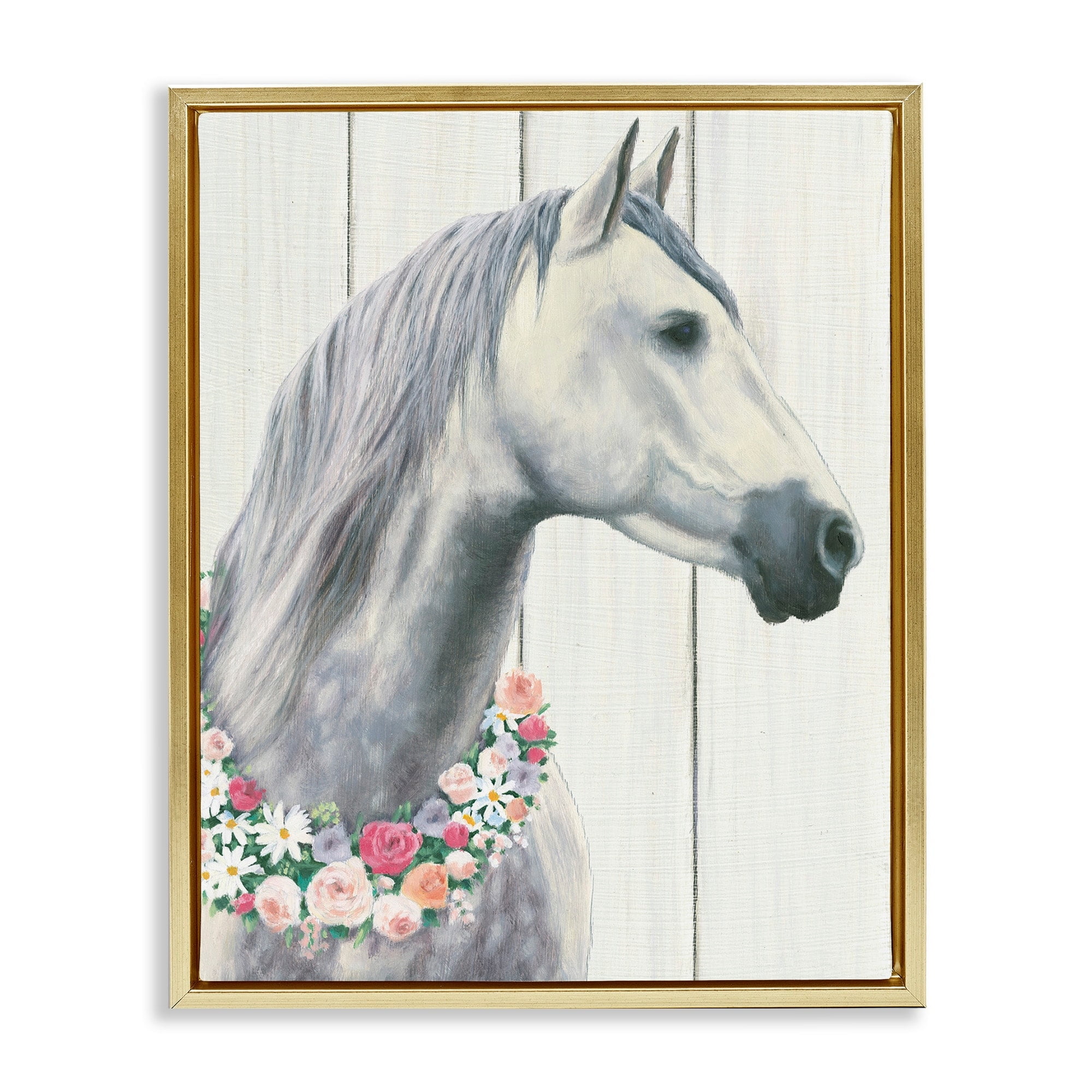 Stupell Industries Spirit Stallion Horse With Flower Wreath Metallic Gold Framed Floating Canvas Wall Art, 24x30, by James Wiens