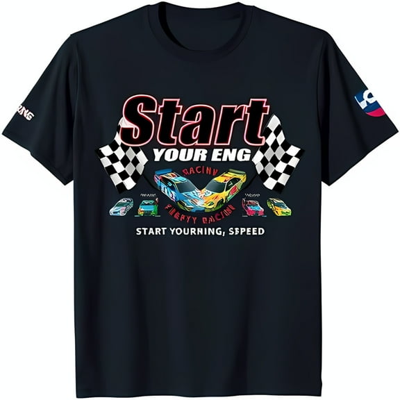 Men's Dark Blue Racing T-Shirt with Bold Checked & 'Start' Graphic